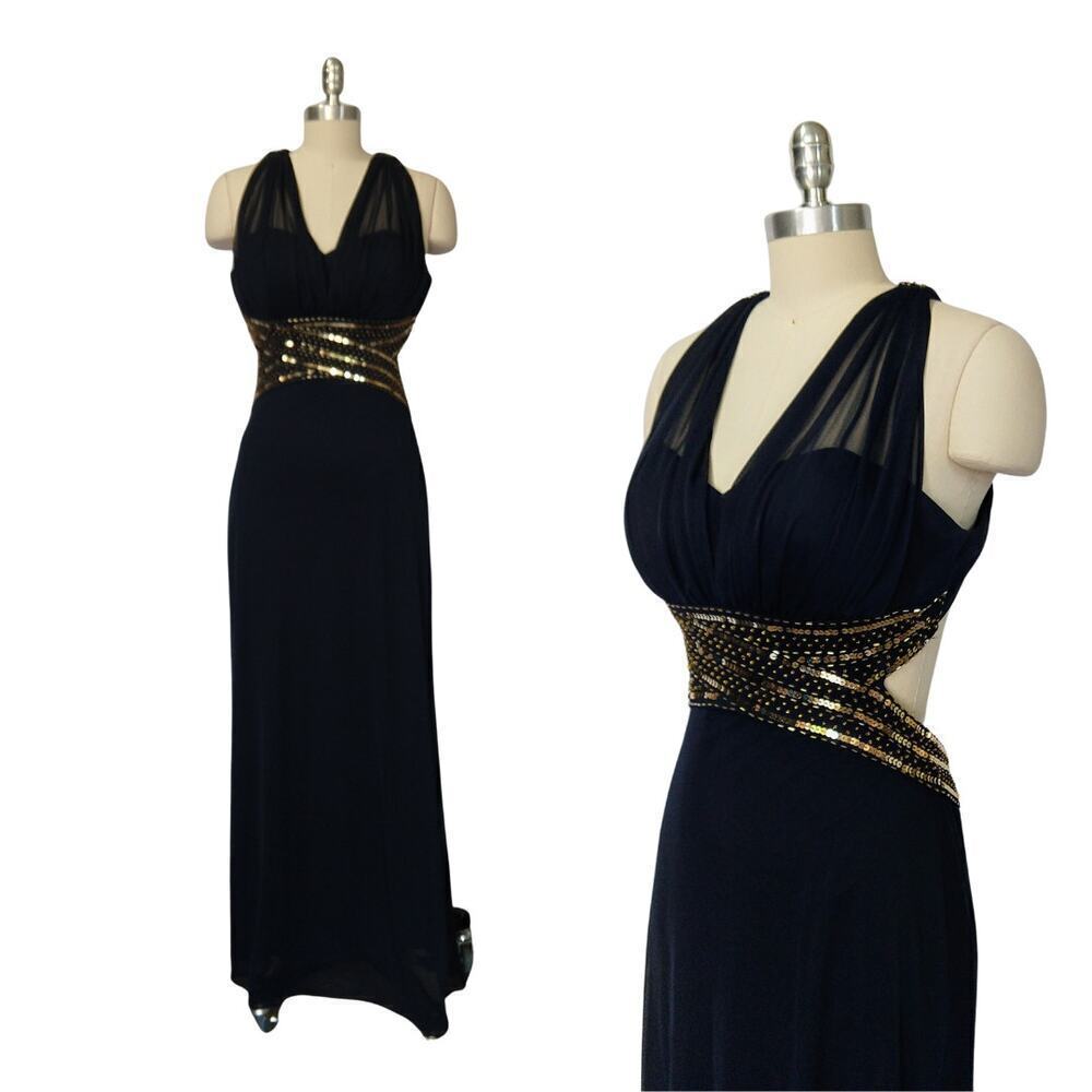 Y2K Prom Dress Maxi Gown Size 9 Navy Blue Blondie Nites Open Back Formal Sequin